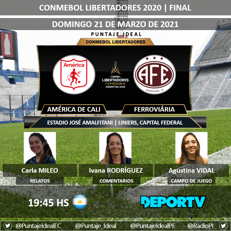⚽ #LibertadoresFEM | 🇨🇴 #AméricaDeCali vs. #Ferroviária 🇧🇷
🎙 Relatos: <a href="/_carlamileo/">Carla ⭐️⭐️⭐️</a>
🎙 Comentarios: @IviRodriguez_
🎙 Campo de Juego: <a href="/AgusVidal__/">Agustina Vidal 🎙🇦🇷</a>
📺 <a href="/canaldeportv/">DEPORTV</a>
💻📱 Redes Sociales del Canal y <a href="/SomosContar/">Contar</a>
🤳 #LIBERTADORESenDEPORTV - #NosUneLaCamiseta
Dale RT 🔃