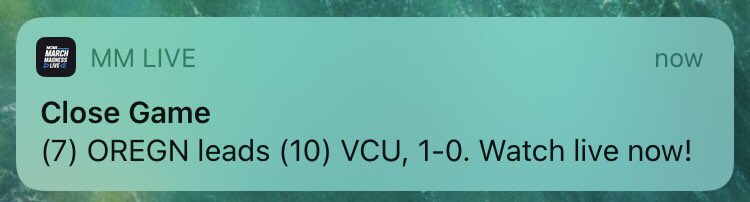 Here’s a notification I just received.  (The game was canceled before it started due to VCU having positive COVID-19 tests.)
#NCAATournament #MarchMadness #MarchMadness2021