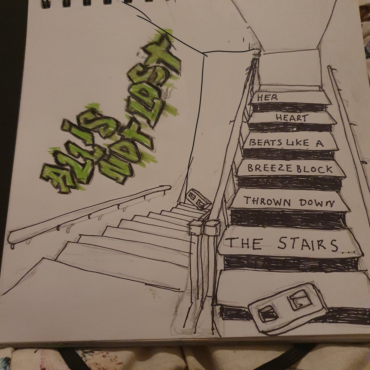 MoaningLefty's tweet image. Working on a 12 piece Frightened Rabbit @FRabbits inspired art piece, it will be watercolour in the end but i had to practise stairs,
 my perspective is  completely off so more practise!
  This is from the track State Hospital. 
Check the song out when you can!  #frabbit