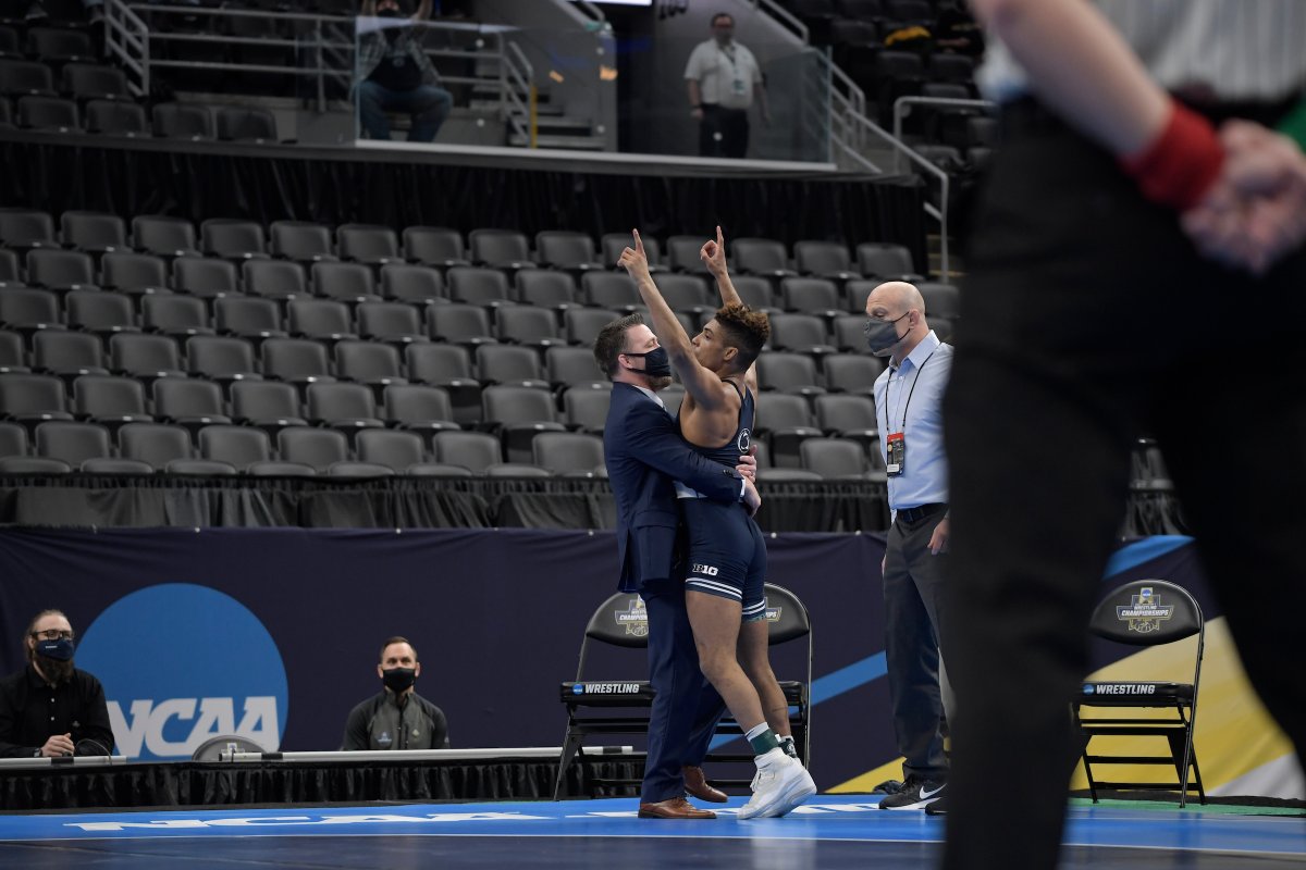 PennStateWREST's tweet photo. Penn State’s first-ever National Champions at 133 &amp; 141 🏆

You’ve earned it, RBY &amp; Nick Lee!

#PSUwr https://t.co/e6cLuC87RO