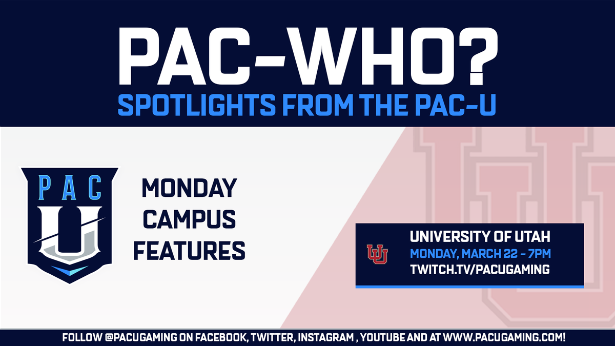 📣 Our first Campus Feature spotlights the @UUtah_esports program.

📺 Hear from them at twitch.tv/pacugaming

⏰ Mon, 3/22 7pm
  
#PacWho //  #CampusFeatures