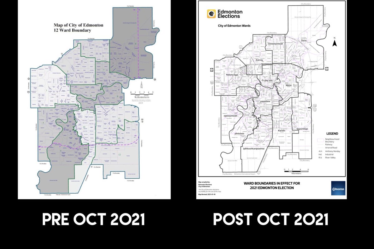 Friendly tip for #yegcc candidates: the only Ward that can make the claim “formerly Ward __” is Ward 4 that will now be Ward Dene because those are the only Ward boundaries that do not change. To illustrate: