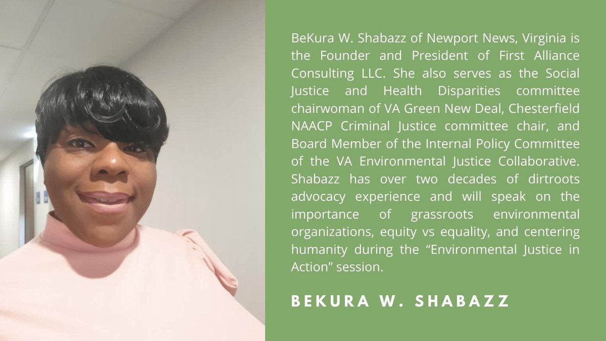 Meet our next speaker, BeKura W. Shabazz! An experienced dirtroots activist, she will be leading an “Environmental Justice in Action” session on March 27.

#VEJS2021 #grassroots #activism #EJ #advocacy #socialjustice #environmentaljustice