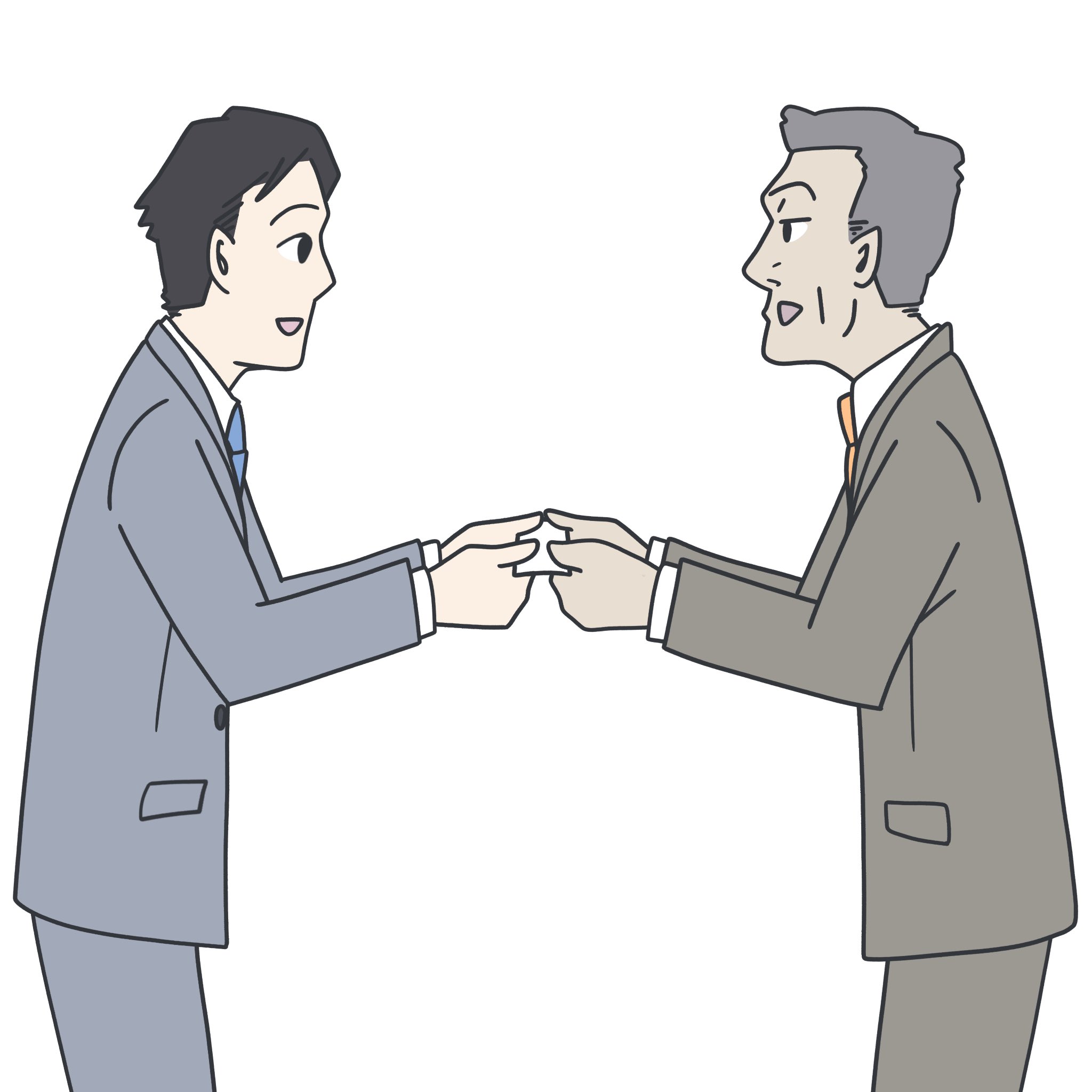クボ 今日も名刺交換の構図 対面ver です 目線と顔の向き 表情で関係性を表現しようと思いました そして画面録画ができてなかった 多分50分くらいかかったかな ブログ素材 イラスト ビジネスマン サラリーマン 画像素材 ブログ用 イラスト