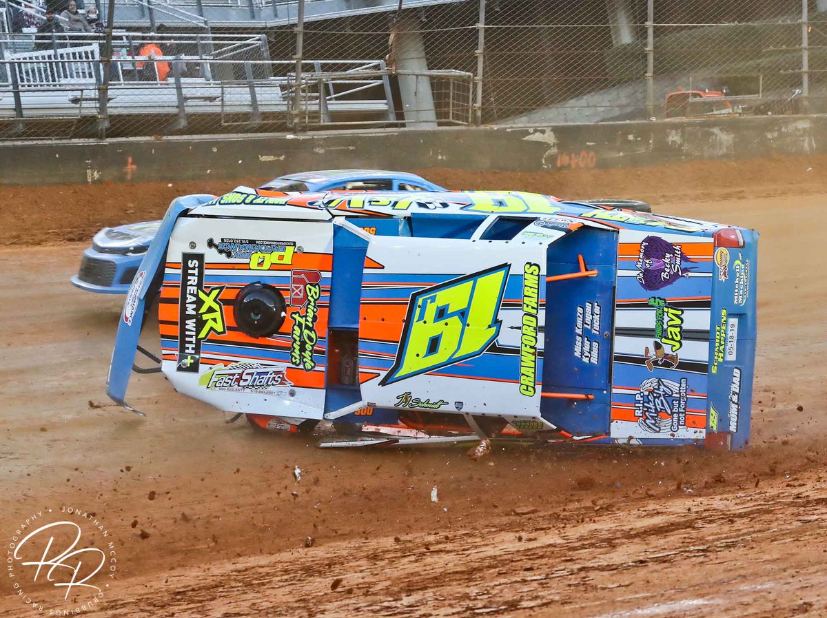 Jay Schmidt goes for a tumble during stock car LCQ action. Schmidt climbed from the car unharmed after the incident. @BristolDirt #ItsDirtBaby @RubbingsRacing @BMSupdates