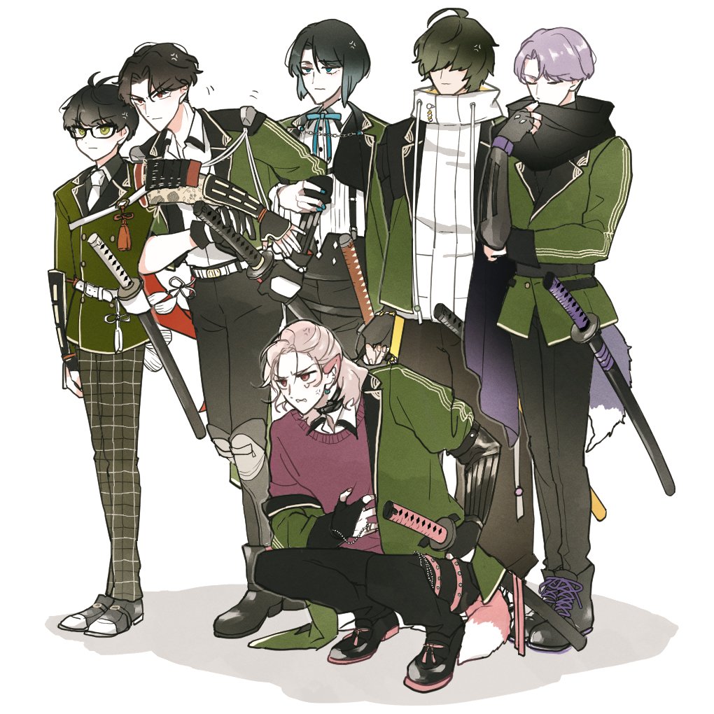 green jacket plaid pants weapon sword pants multiple boys male focus  illustration images