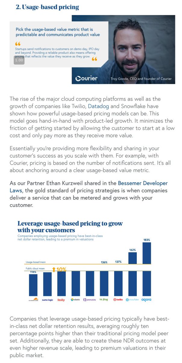 One of my big takeaways from  @BessemerVP's  #StateOfTheCloud was similar - pricing around a clear usage-based value metric get amazing net dollar retention. https://www.bvp.com/atlas/state-of-the-cloud-2021#Usage-based-pricingA relatable app example is Slack - they only charge for active users and call it "Fair Billing"