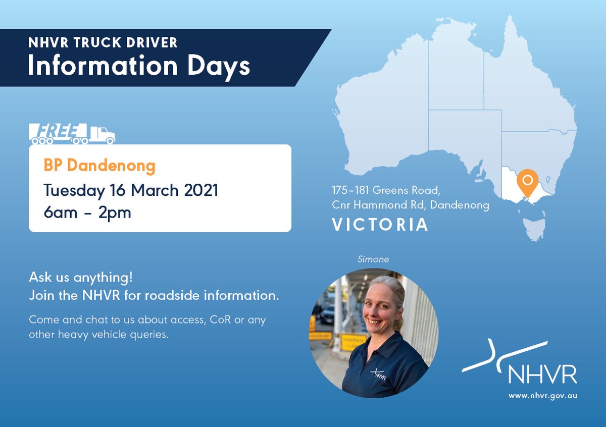 NHVR's tweet photo. Join us for a Truck Driver Info Day at the BP Dandenong on Tuesday 16 March from 6am - 2pm.

Come and chat to the #NHVR team about anything from fatigue management to Chain of Responsibility. 

See you then! https://t.co/wi4xOsBGRs