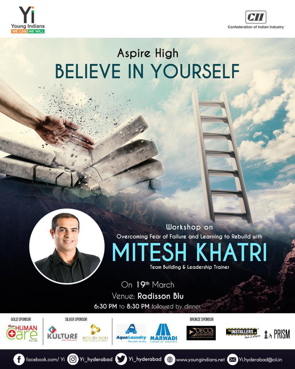 Dear Friends, 

Yi Hyderabad says “Aspire high and believe in yourself to achieve big goals”. 

Team Entrepreneurship brings you a hands-on workshop and learning event with Mr Mitesh Khatri along with a Face the Fear- Tile Breaking session
#yihyderabad #wecanwewill #miteshkhatri