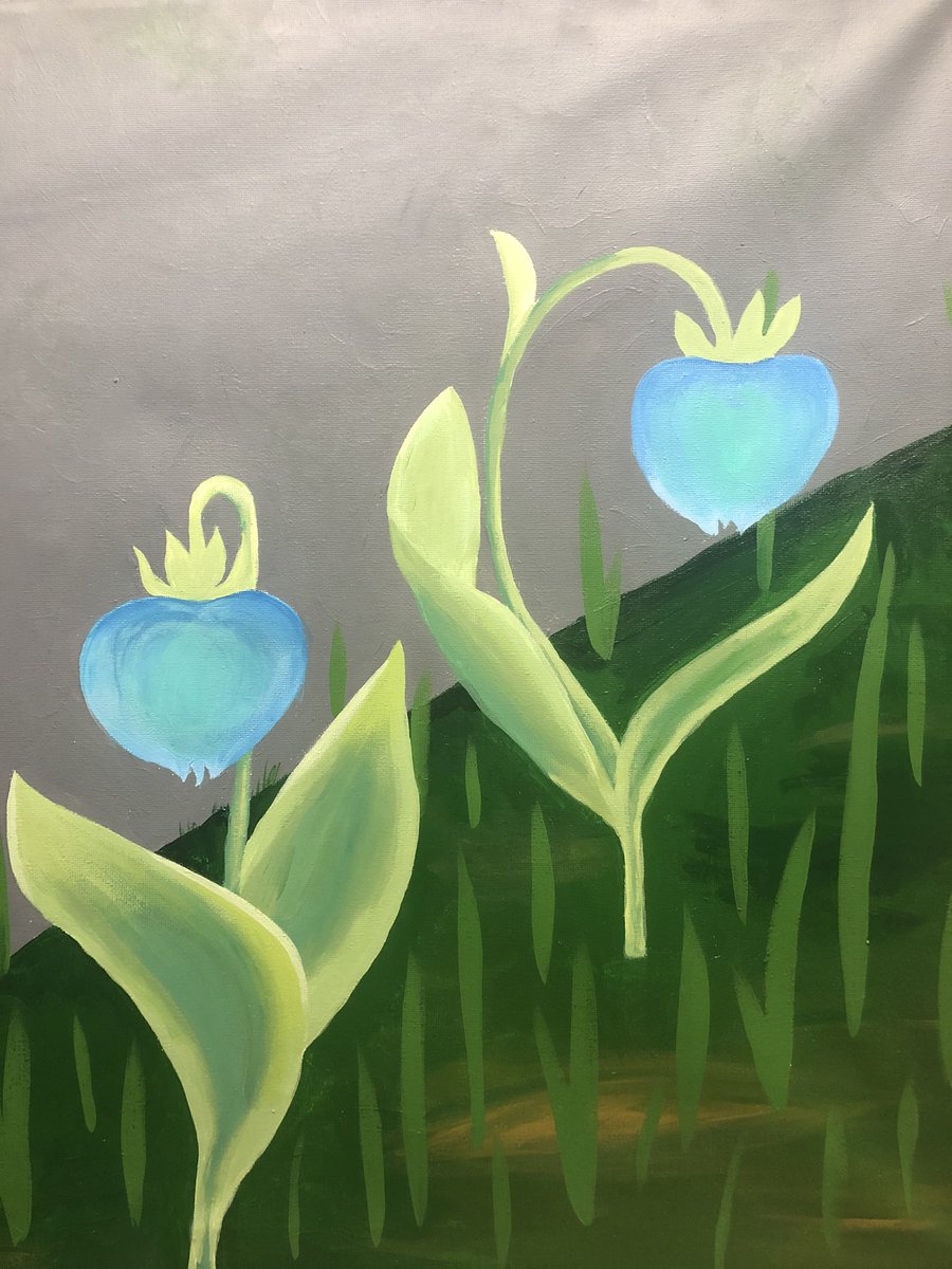 OH MY GOSH. Idk what was in y’all’s cereal today but THANK YOUU.  Three raids? A hype train? New friends??? I had so much fun and didn’t want to end! But pet mom duty calls! Here’s the #GenshinImpact paint from today! Small lamp grass uwu! 💙💚 12 x 16