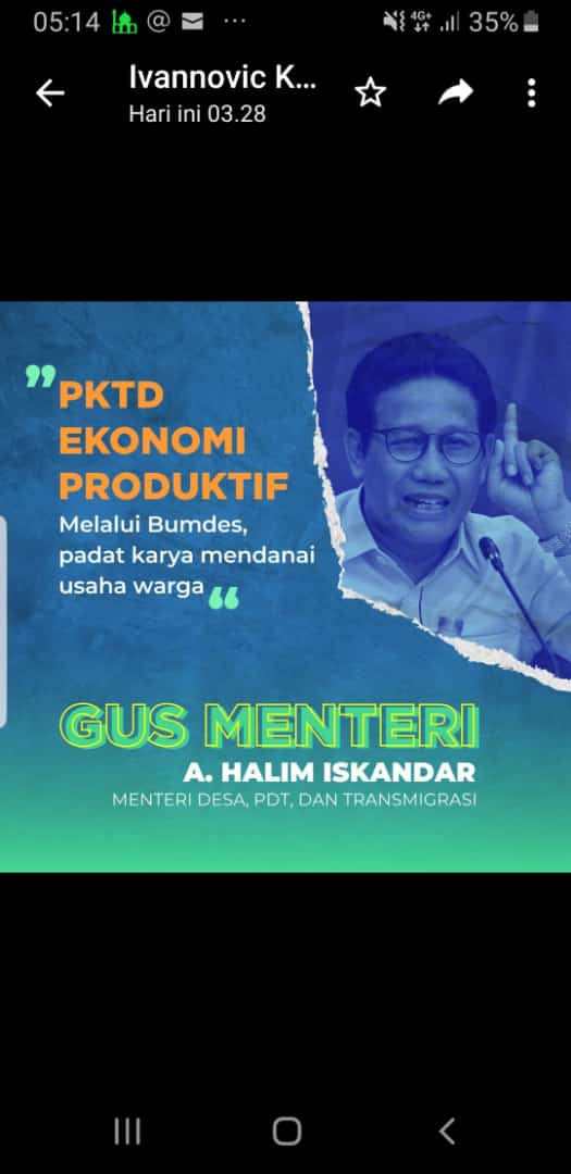 Gus Menteri <a href="/halimiskandarnu/">ABDUL HALIM ISKANDAR</a>: "PKTD Ekonomi Produktif melalui BUM Desa, padat karya mendanai usaha warga"
<a href="/jokowi/">Joko Widodo</a>
<a href="/halimiskandarnu/">ABDUL HALIM ISKANDAR</a>
<a href="/imansyukri/">Iman Sukri</a>
<a href="/malik_haramain/">malikharamain</a>
<a href="/taufikmadjid71/">IG : taufik.madjid</a>
@yusradaridesa
@fachrilabalado
@PmdPuspen
<a href="/tppkemendes/">TPP KEMENDES</a>
<a href="/kemendesapdtt/">kemendesapdtt</a>
<a href="/Itjen_Kemendes/">Itjen KemendesPDTT</a> 
<a href="/Mursyidan10/">Abid Aceh</a>