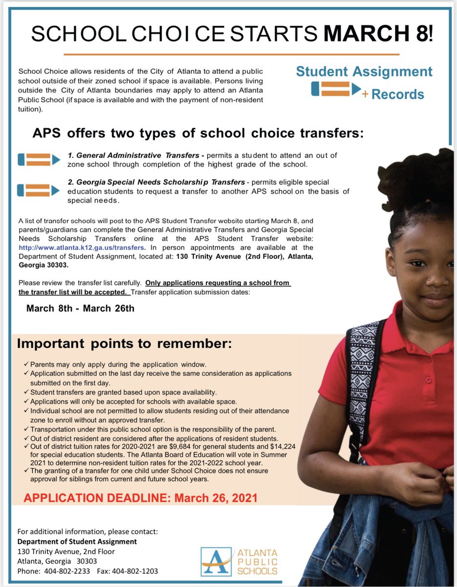 The Neighborhood School Choice application window is now open through March 26! Apply online today at Atlanta.k12.ga.us/transfers <a href="/KLovettDSE/">Dr. Katika D. Lovett</a> <a href="/StuServicesAPS/">APS Office of Student Services</a> <a href="/J_JEXCELLENCE16/">JOHNNETTA JOHNSON</a>