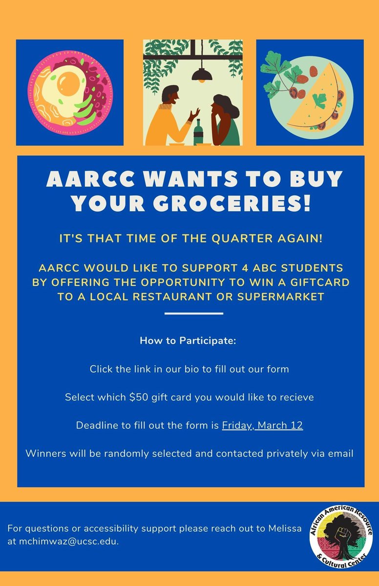 UCSCAARCC's tweet photo. AARCC would like to support ABC students at UCSC by offering the opportunity to win a $50 Gift Card! Please read the flyer and check the link in our bio to learn more about how to enter to win! Form closes THIS FRIDAY! https://t.co/Kmfjecok2B