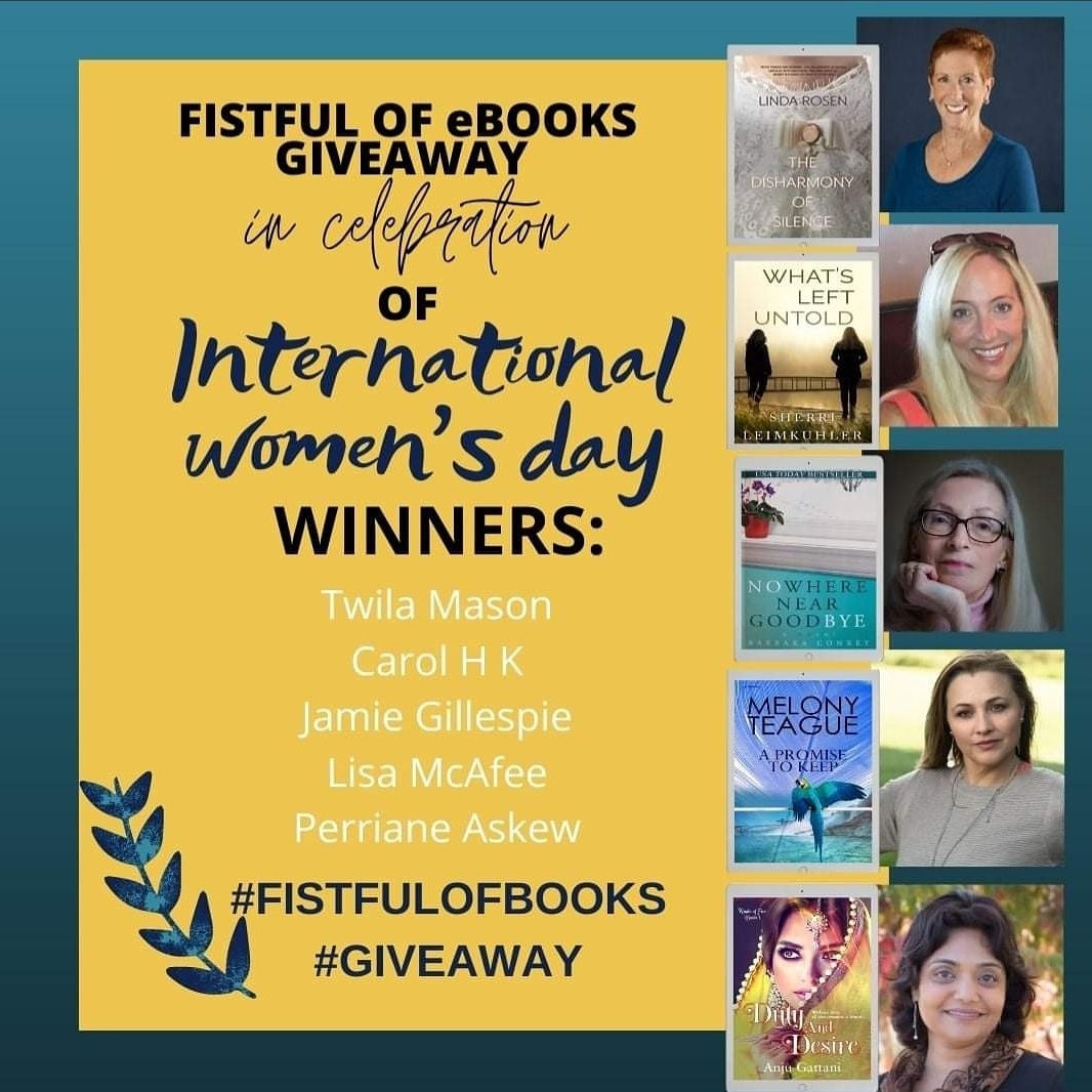 Congrats to the winners of our #fistfulofbooks #giveaway! Fun week celebrating books & #InternationalWomensDay with @lrosenauthor @Anju_Gattani
@MelonyTeague &
@BarbaraConrey while getting to connect with some fabulous readers! 
#GIVEAWAY #bookgiveaway #bookstoread
@RAPublishing