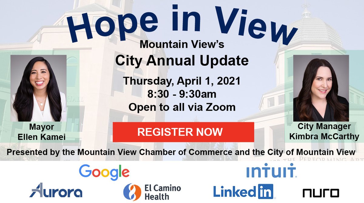 chambermv's tweet photo. Join us for the #AnnualUpdateMV on April 1, 2021 at 8:30am. Hear how our city has responded to global and local events and our plans for a vibrant future. #HopeInView
https://t.co/M4sdNfHTCj https://t.co/vHotxculrg