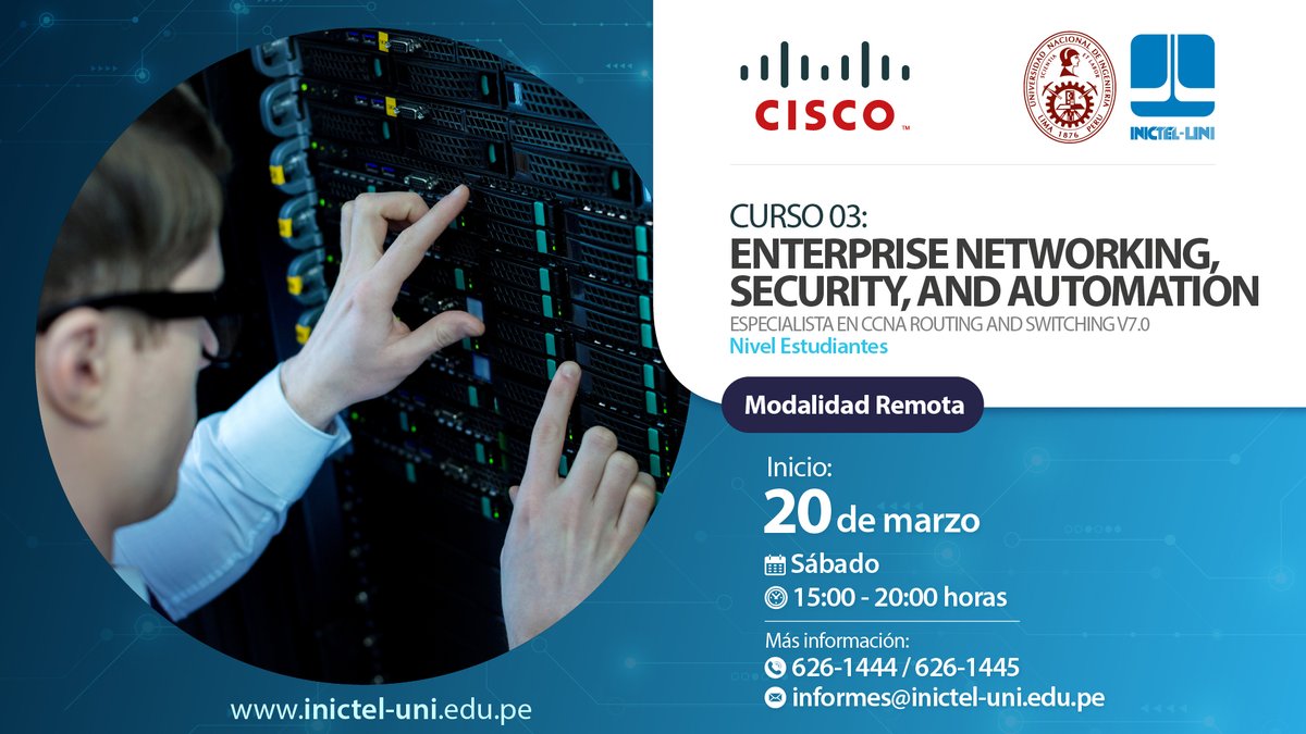 INICTEL_UNI's tweet photo. 🟥#ProgramaDeCapacitaciónMarzo | #ModalidadRemota
📌¿Estás buscando certificarte en Cisco #CCNA?
¡Nosotros te ayudamos con eso!
📚 Curso: “Enterprise Networking, Security, and Automation"
📆Inicio: 20 de marzo 2021
📨Correo: informes@inictel-uni.edu.pe
➡ https://t.co/IrEDP2DVMW https://t.co/uF2CzhctHq