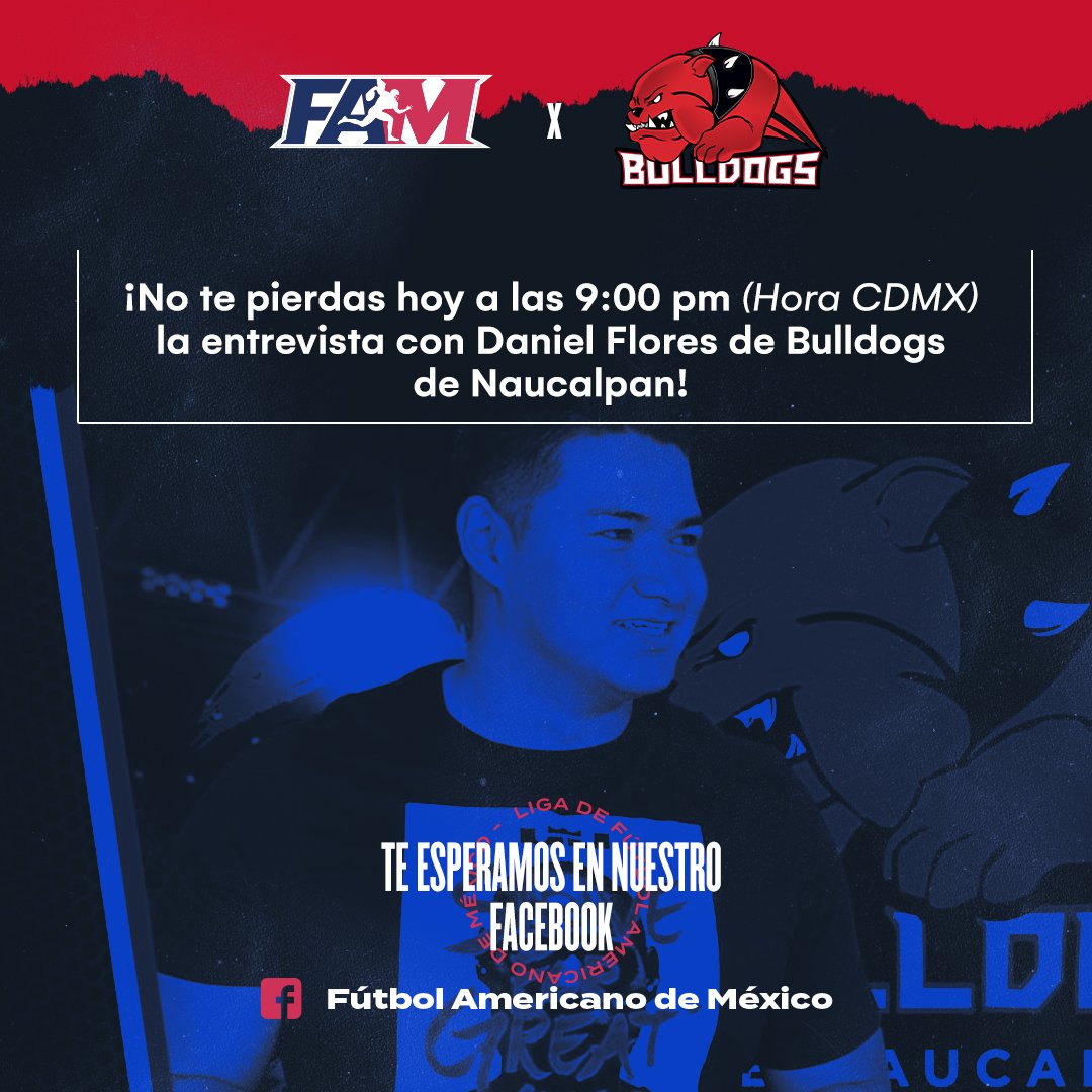 Te esperamos en nuestro Facebook oficial para platicar con Daniel Flores de <a href="/LosBulldogsFAM/">Bulldogs de Naucalpan FAM</a> 📱👀🏈 

#FAM2021