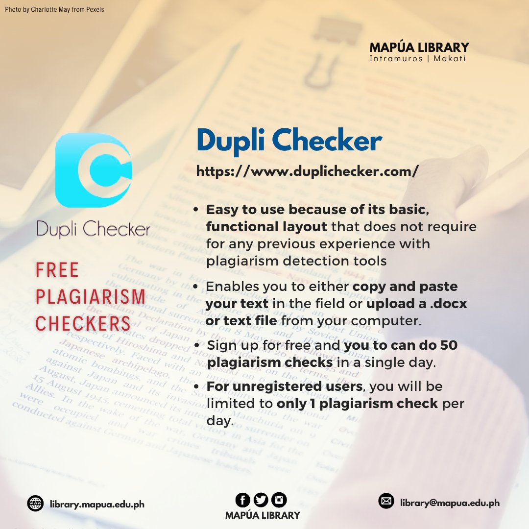 Mapua_Library's tweet photo. Scan plagiarism for free!
#PlagiarismChecker
#PlagiarismTool
#SmallSEOTools
#SearchEngineReports
#Copyleaks
#MapuaLibInfoLitSeries
#MapuaLibrary https://t.co/hbbR5OmcS5