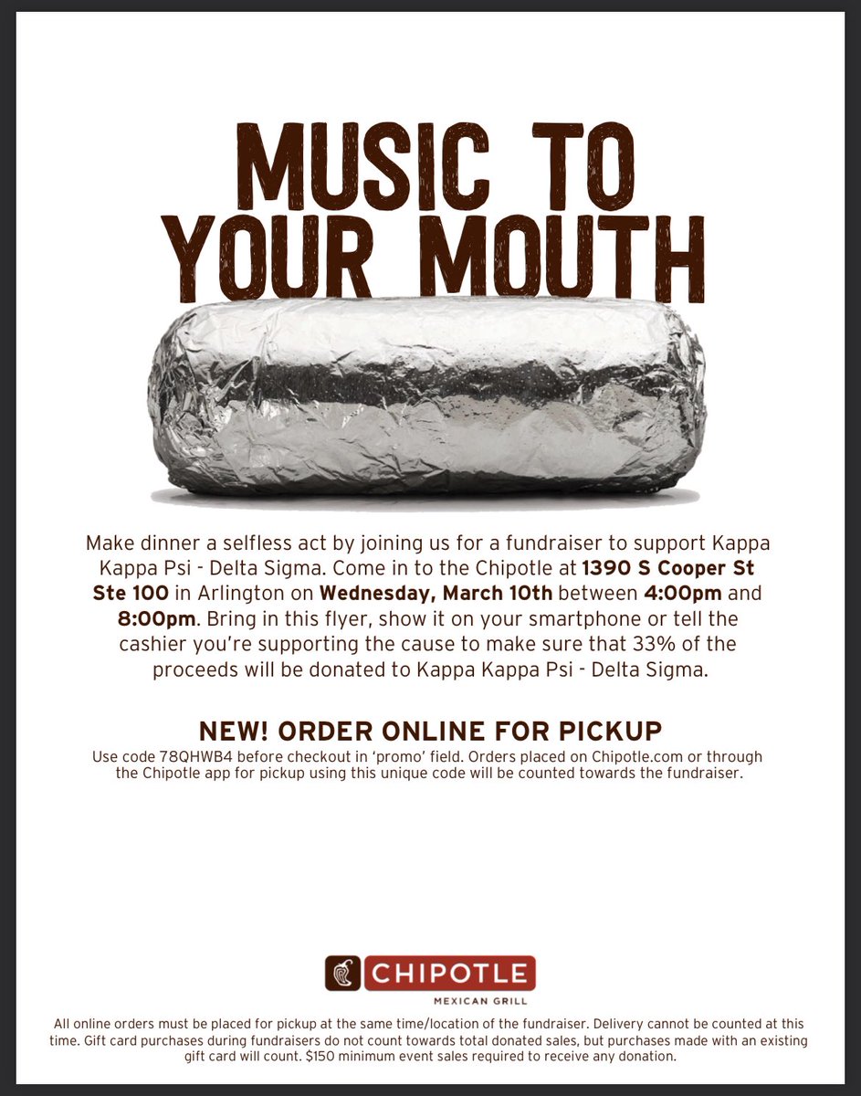 kkpsi_ds's tweet photo. Come support the Delta Sigma Brothers &amp; enjoy some fire burritos at Chipotle on Wednesday, March 10th between 4:00 and 8:00 pm! 🌯🔥✨ #wearedeltasigma #aea #kappakappapsi #deltasigma https://t.co/8TTTmuAAvP