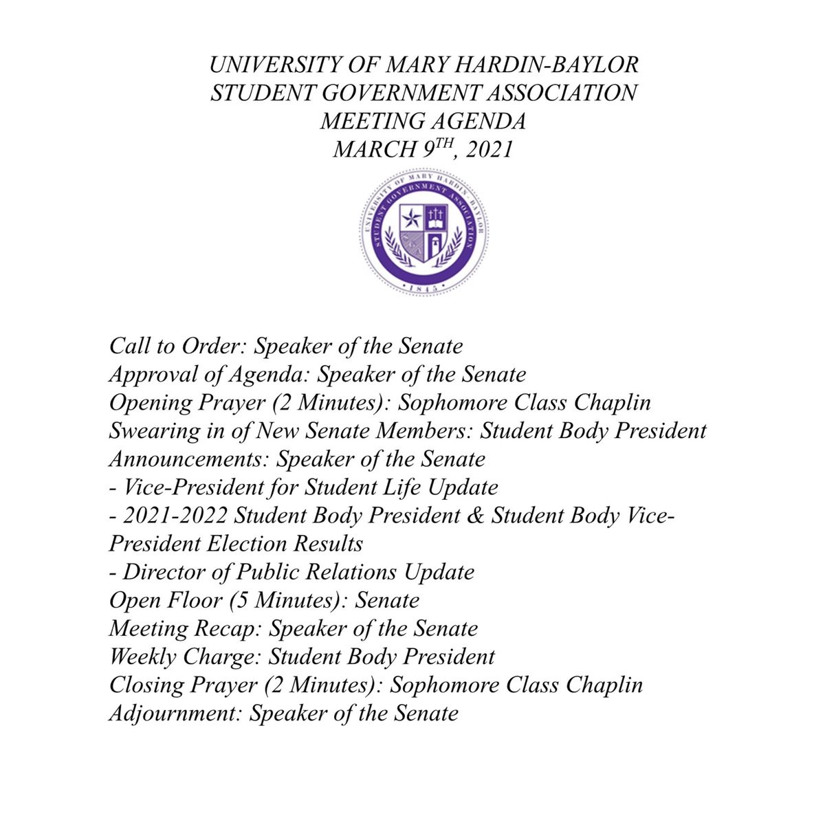 SGA_UMHB's tweet photo. 3/9/21 Meeting Agenda https://t.co/vAUg6tkUJp