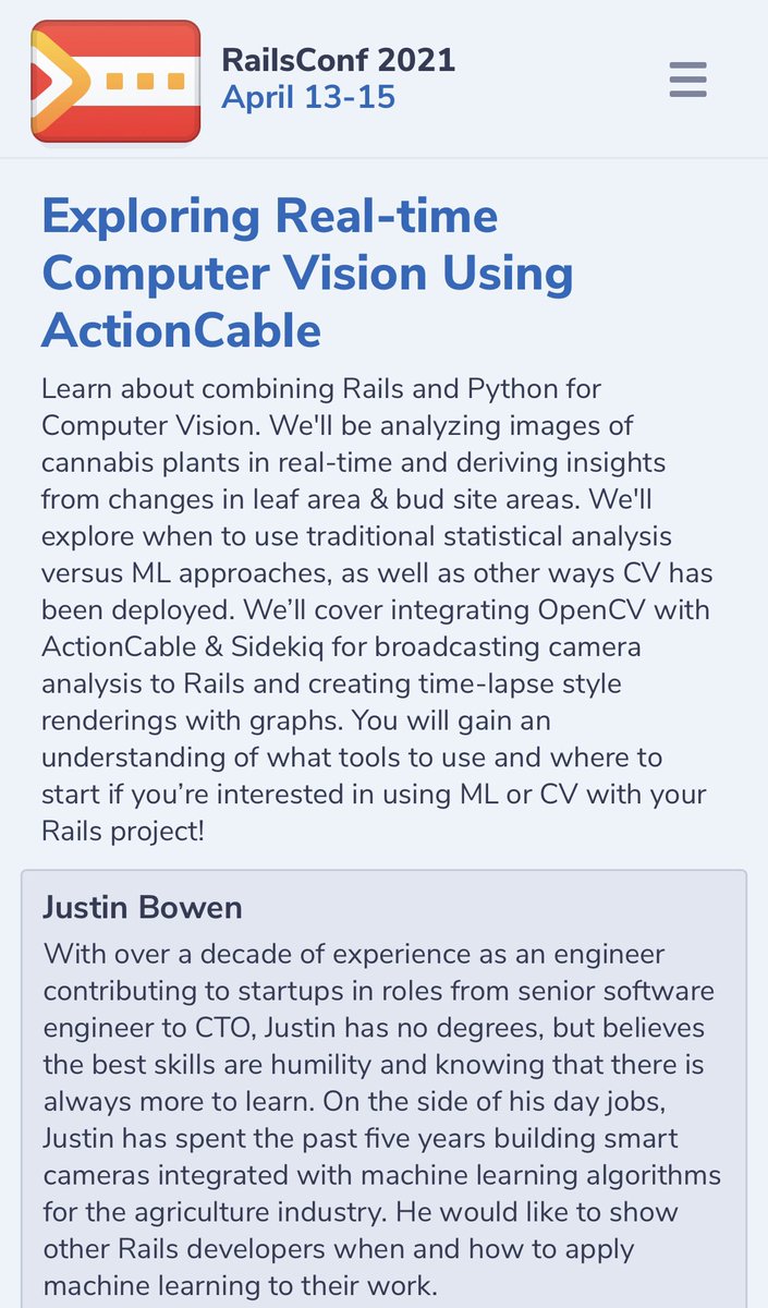 TonsOfFun111's tweet image. Excited to announce that Lihue and I will be speaking at #RailsConf2021 in April!
We’ll be talking about computer vision & machine learning with Rails & ActionCable!
I’ll be sharing my years of R&D with cannabis plants as a use case. 🌱
Find out more: railsconf.com/program/sessio…