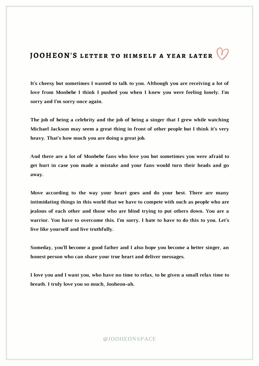 jooheonspace's tweet image. [TRANS] Jooheon’s letters to himself and to monbebe a year later 💛
💌“Move according to the way your heart goes and do your best”.
💌 Stream PSYCHE &amp;amp; Smoky 🥰
#주헌 #JOOHEON #JOOHONEY