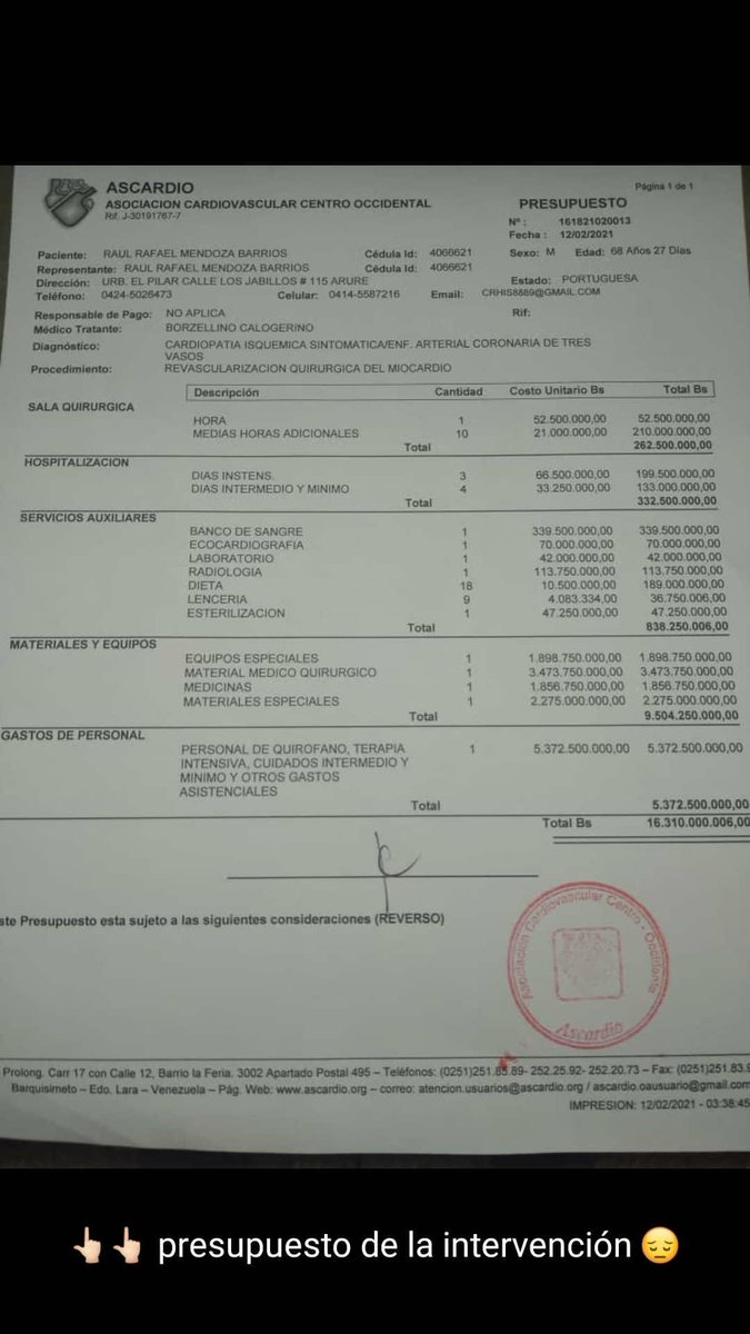 RaulEMendoza's tweet photo. (...) En este momento, se encuentra en la Unidad de Cuidados Intermedios, siguiendo terapia de recuperación y con oxígeno por un periodo de 15 días. #ASCARDIO nos permitió llegar a un acuerdo de pago para poder costear la operación. En la imagen, los detalles (...) https://t.co/RTken0WOhS