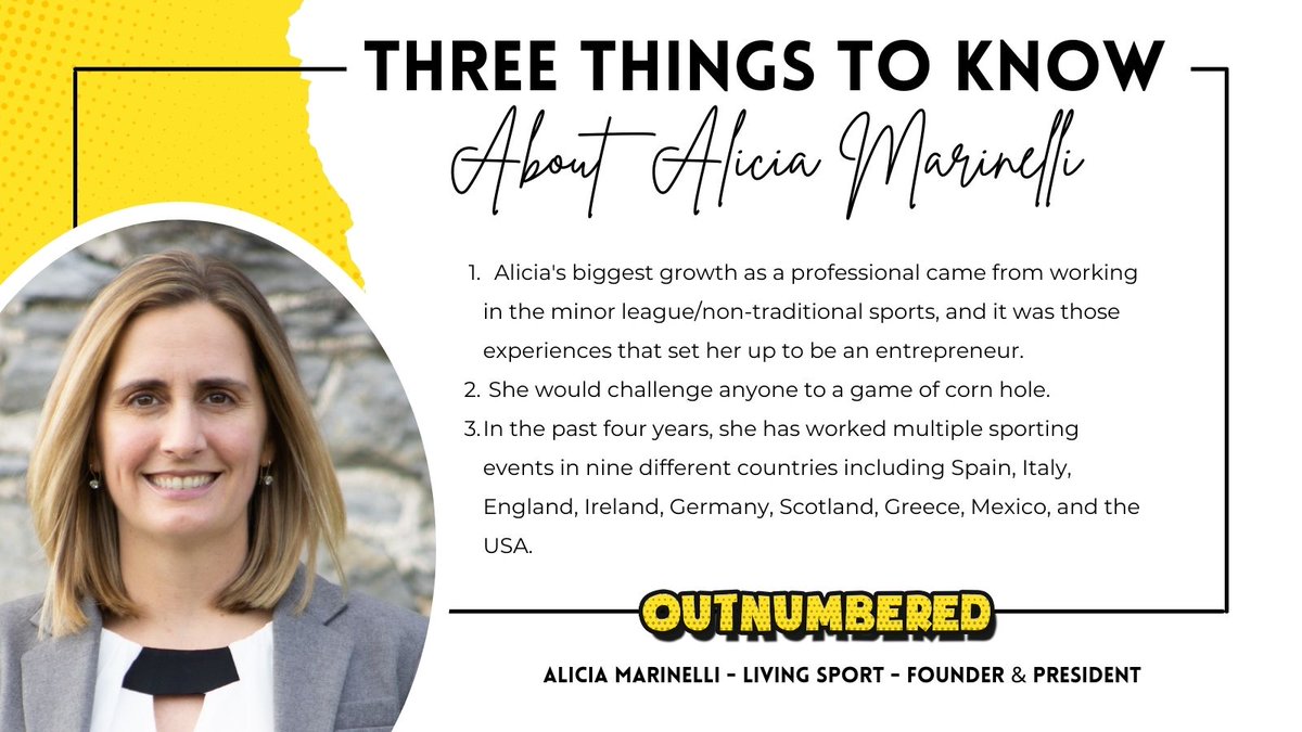 OutnumberedP0D's tweet photo. Get to know this week's guest! Alicia Marinelli is the founder and president of @iamlivingsport! Listen to her talk with Kelli and Hollis here: https://t.co/0W4SCYRT6s
#OutnumberedPod #WorkInSports #SportsBiz #WomenInSports https://t.co/skiSuJe1Z3