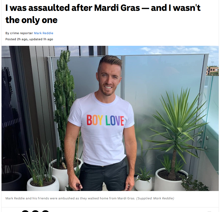 RegPerrin2's tweet photo. @abcnews Has the ABC asked their reporter Mark Reddie why he has a Boy Love T-Shirt? https://t.co/TSNfPDVWRV