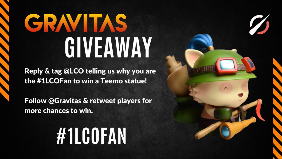 Valixas's tweet photo. GRAVITAS @LCO GIVEAWAY 

@LCO has given @Gravitas a Teemo statue to giveaway

To enter you have to:
Follow @LCO
Follow @Gravitas
Follow me &amp; my teammates
Retweet this tweet

Reply to this tweet using the hashtag #1LCOFan and tag @LCO telling me why you're the #1LCOFan! https://t.co/CfDL26K7VB