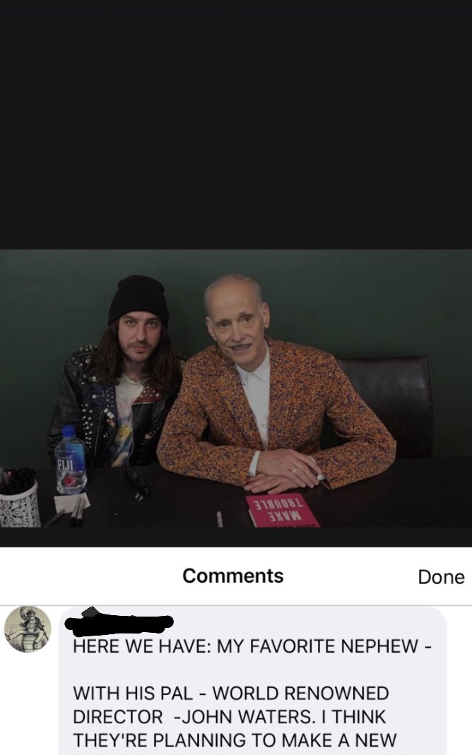 JohnLiam's tweet photo. Recently got in touch with an uncle I haven’t seen since 1994. He was so excited to see a picture of me with John Waters that he made it his FB default pic and also sent it as a t shirt to my fiancé for her birthday https://t.co/CHFuREI70v
