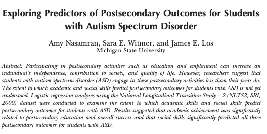 AddedResearch's tweet photo. Do students with ASD engage in postsecondary activities less than their peers do? Find out more from Dr. Nasamran and colleagues  #sped #spedresearch #autism @CECDADD 
https://t.co/4MWtLLSzMU https://t.co/wLvrSD8Ytu