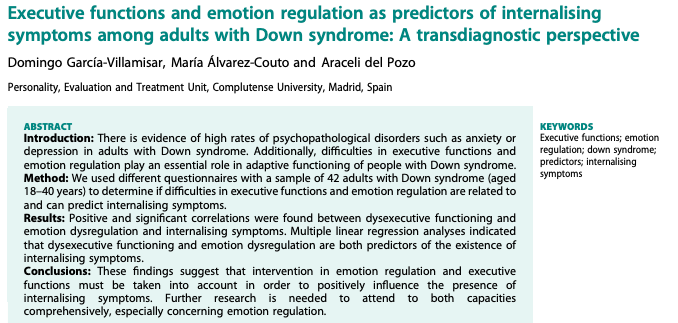 AddedResearch's tweet photo. Take a look at this investigation on whether executive functions and emotional regulation influence and predict internalizing symptoms in individuals with Down syndrome from Dr. Garcia-Villamisar and colleagues #sped #spedresearch #DownSyndrome 
https://t.co/XEq54IoJQ1 https://t.co/94TvxIsIzK