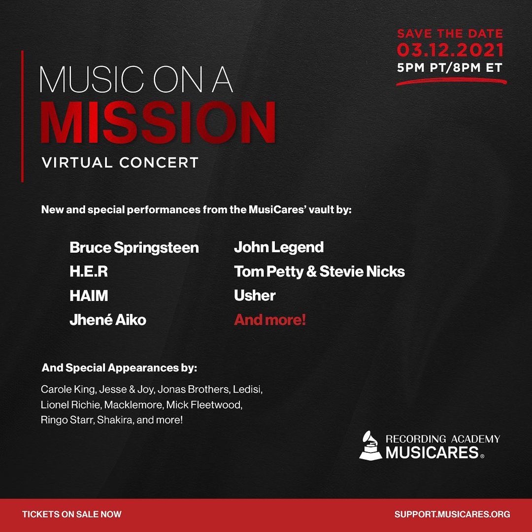 Mark your calendars! This Friday, March 12, 2021, <a href="/MusiCares/">MusiCares</a> is hosting #MusicOnAMission, a virtual fundraiser and official #GRAMMY Week event, honoring the resilience of the music community, which has been deeply impacted by COVID-19. support.MusiCares.org