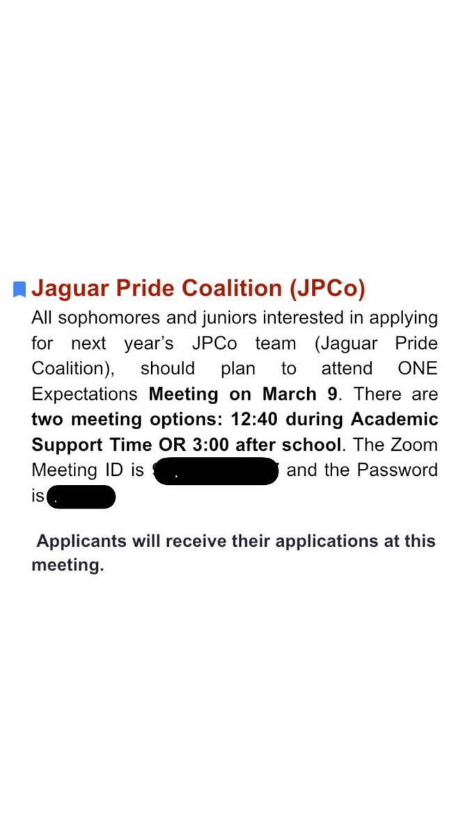 ATTENTION all Jaguar sophomores and juniors interested in JPCo!!! You must attend one of the following meeting times tomorrow. The zoom code and password is in the Jaghub! Hope to see you there 🤍🖤❤️