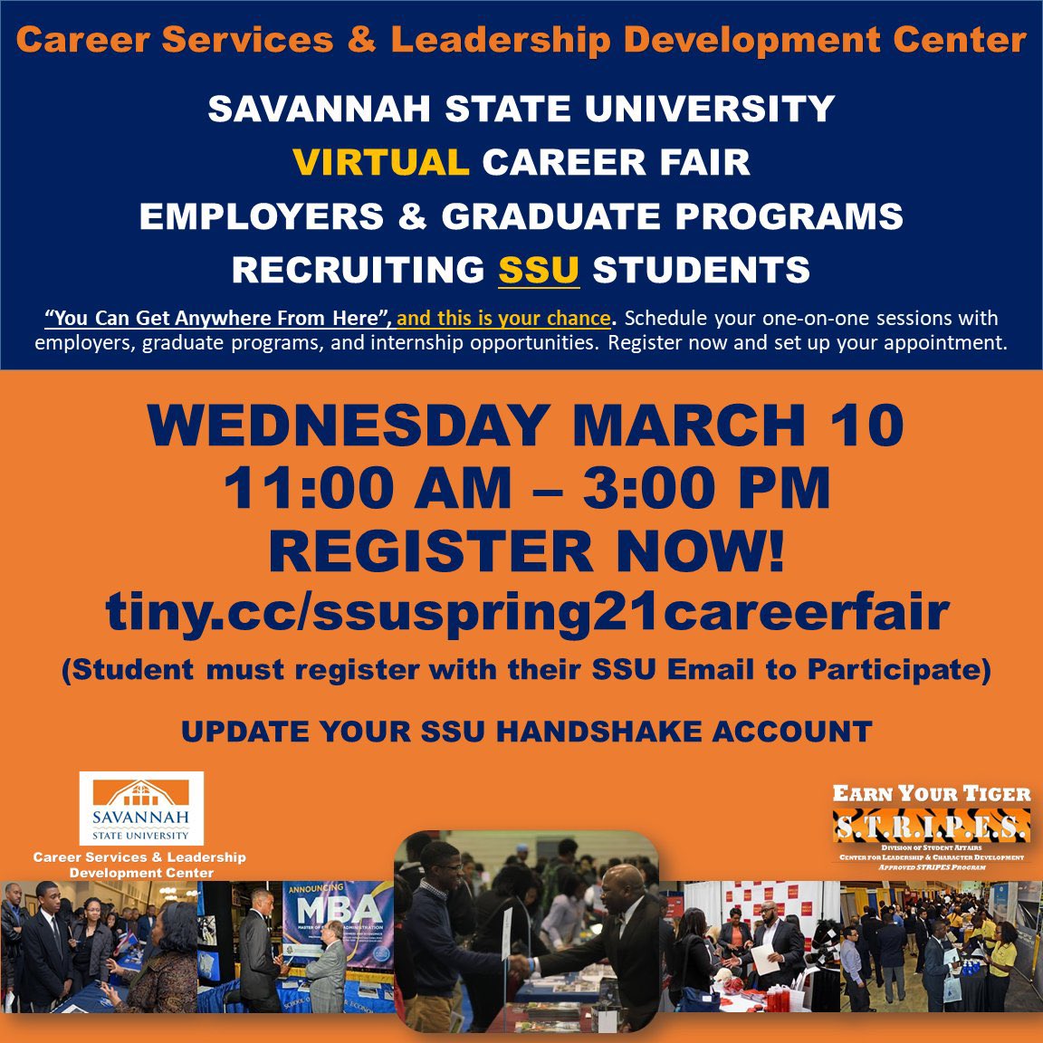 SSUSols's tweet photo. The SPRING VIRTUAL CAREER &amp; GRADUATE SCHOOL FAIR will take place Wednesday, March 10, 2021 11:00 AM to 3:00 PM. 
•Register: https://t.co/dsK6S2EZmI…
•Update your SSU Handshake account (https://t.co/590ZK7HIEu) 
•Update your resume and get it reviewed by the CSLD Center https://t.co/EdoQZaG0X4