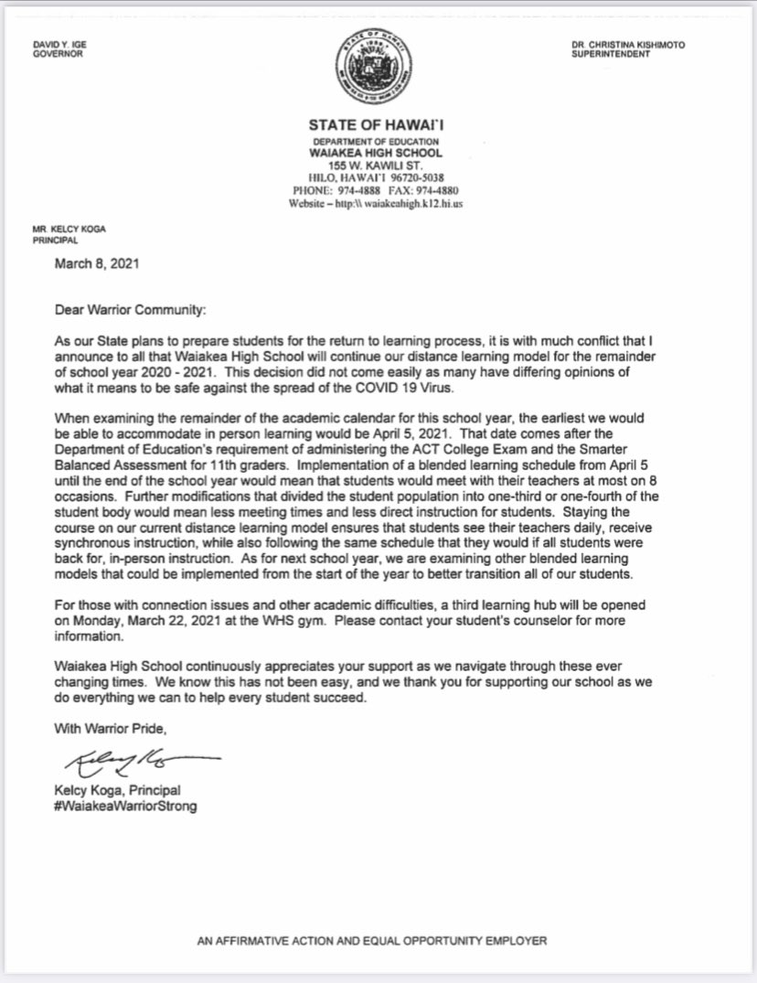 Aloha Warrior Ohana, Here is a letter from Principal Koga regarding Quarter 4. You can find a full-sized copy of this letter on our school website: waiakeahigh.k12.hi.us #WaiākeaWarriorStrong