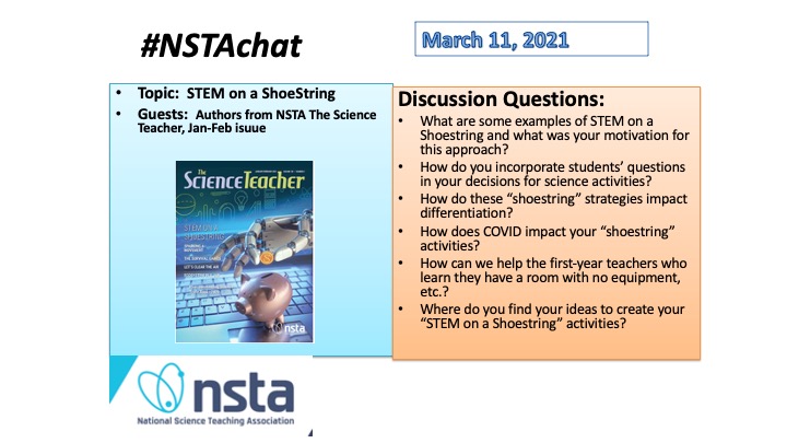 caahayes's tweet photo. Join #NSTAchat - Thursday, March 11 - 9PM ET. Let's chat about "STEM on a Shoestring." Share your ideas with others. #SNTA @NSTA #NSTA21 #edchat #STEMd https://t.co/9ZeeRwF3zp