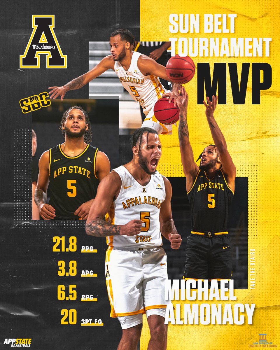 What a tournament for Michael Almonacy:

2⃣1⃣.8⃣ ppg
3⃣.8⃣ apg
6⃣.5⃣ rpg
2⃣0⃣ 3FG made (Sun Belt Tournament record)

Congrats on being named #SunBeltMBB Tournament MVP!

#TakeTheStairs