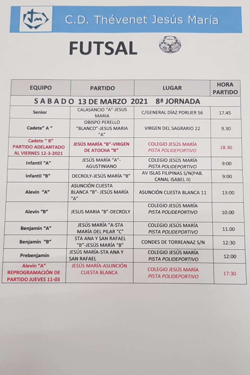 Qué ganas teníamos de volver a competir los fines de semana en el colegio <a href="/cdjesusmaria/">C.D. Jesús María</a>!!
Los equipos de FUTSAL quieren mostrar en <a href="/DeportesECM/">DeportesECM</a> lo trabajado en estos meses de entrenamientos.
Aquí están los horarios del próximo fin de semana (13 de Marzo). Qué nervios, qué ganas!!