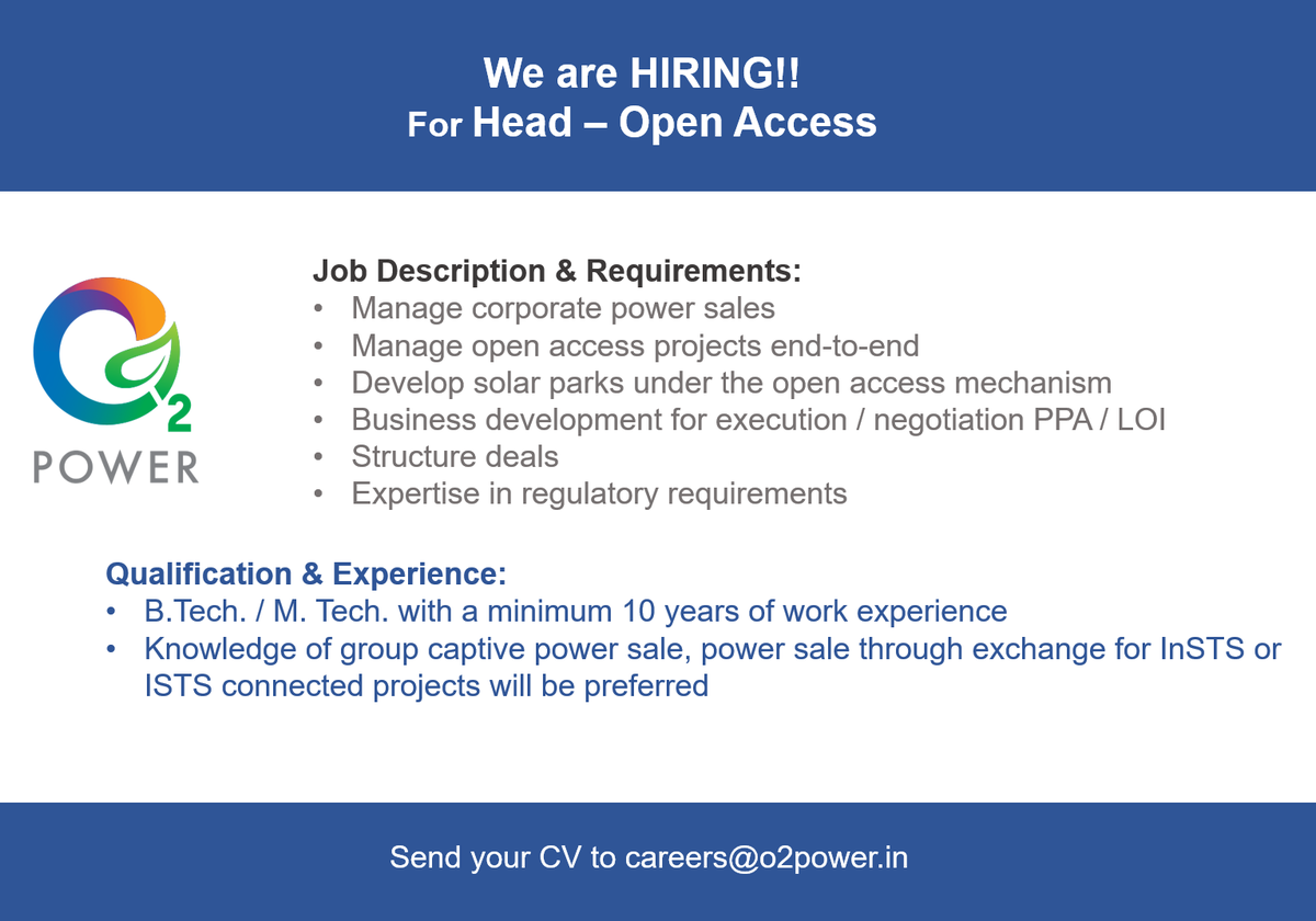 O2Power_India's tweet photo. #openposition
We are looking to hire for the position -- Head of Open Access.
Should you meet the required criteria, please email your CV to careers@o2power.in
#openaccess #seniorprofiles #hiringhr #renewableenergyjobs #jobapplication https://t.co/QdHx5uFHoc