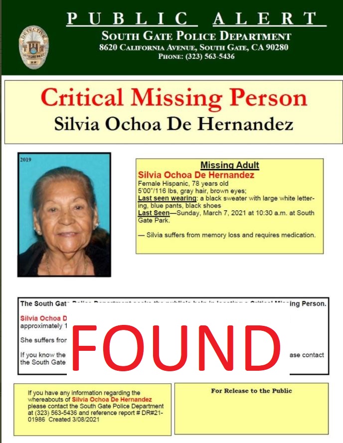 *UPDATE FOUND* #LASD Advising Critical Missing Person Silvia Ochoa De Hernandez has been #Found #SouthGate
local.nixle.com/alert/8585322/