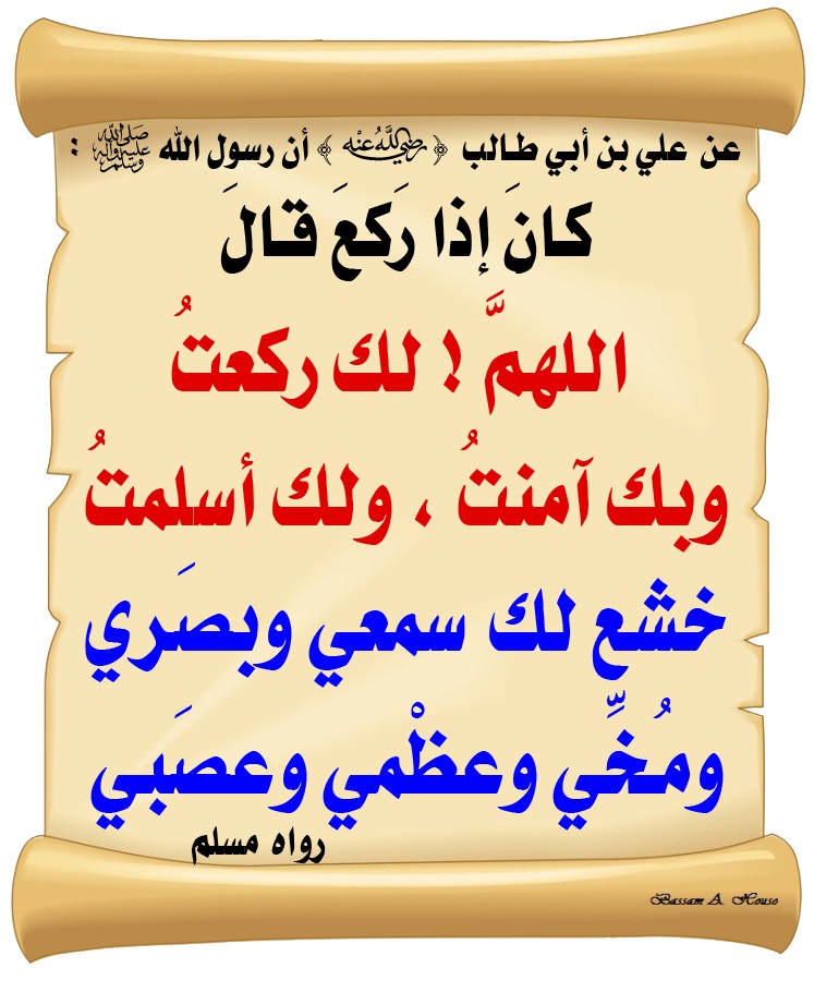 HadithTrue's tweet photo. أن رسول الله ﷺ :

كان إذا ركع قال :

اللهمَّ ! لك ركعتُ 

وبك آمنتُ

ولك أسلمتُ

خشع لك سمعي وبصَري

ومخي وعظمي وعصبي

♻ شاركنا الاجر بالنشر

#الحديث_الصحيح
#أنشر_الخير_يأتيك_الخير https://t.co/tgn6bPpJOX