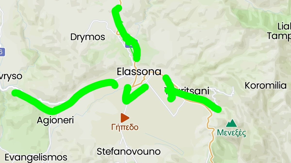 26. By doing this, I discovered that the quake didn't center itself on the greater Elassona at all. If you look on the satellite, Elassona looks like it stretches out south. So I switched back, and zoomed in closer to that freeway intersection at the heart of the circle.