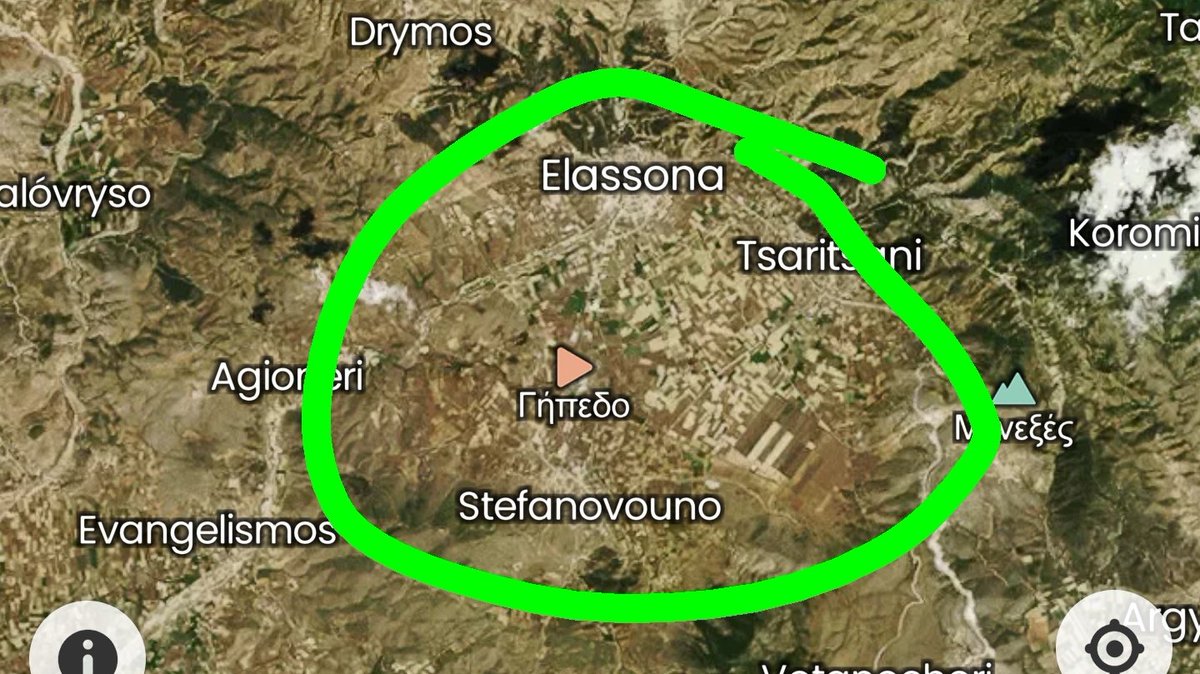 26. By doing this, I discovered that the quake didn't center itself on the greater Elassona at all. If you look on the satellite, Elassona looks like it stretches out south. So I switched back, and zoomed in closer to that freeway intersection at the heart of the circle.