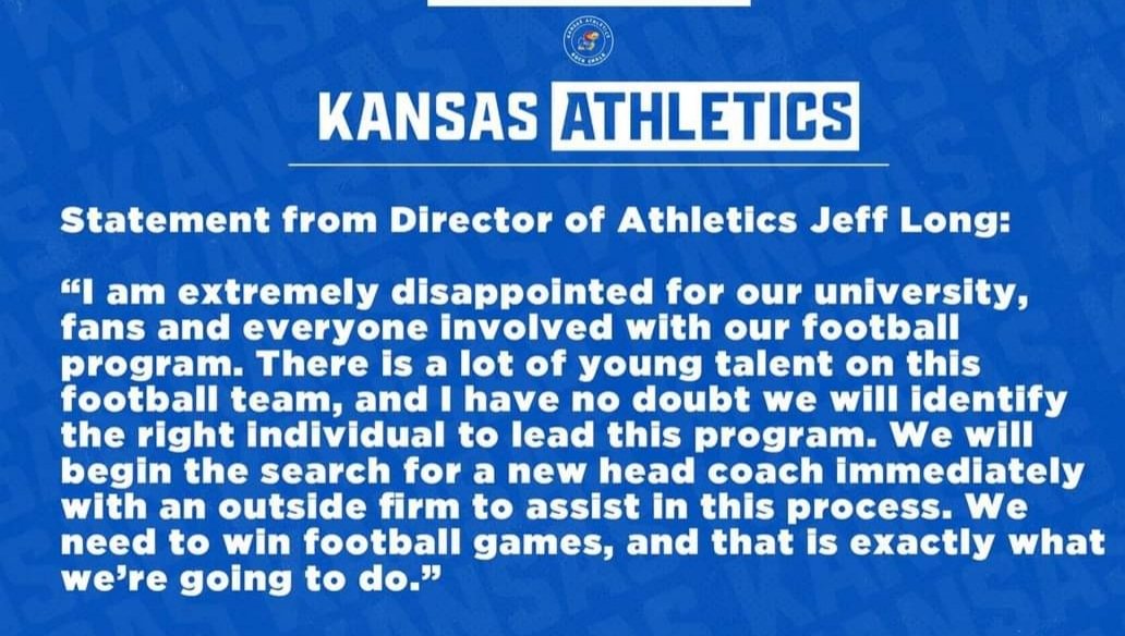 dillondavis3's tweet photo. I think it's pretty telling that the new head coaching search will be led by an outside firm and not Jeff Long...
If you don't trust your AD to run a hiring search, then why is he still here? #KUfball https://t.co/E9fdou2n9i
