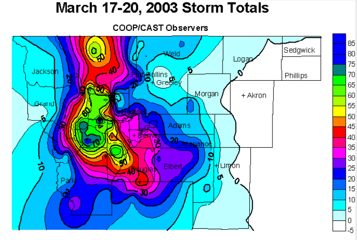 NWSBoulder's tweet photo. The March 2003 snowstorm: https://t.co/E2WQ7SokEM The east slopes got buried under 2-4 feet of extremely wet, heavy snow. Ironically, the storm occurred during the worst drought in Colorado history, so many residents were  glad to have the moisture. https://t.co/6LNL5RTj5Z #cowx https://t.co/VYR732d9f7