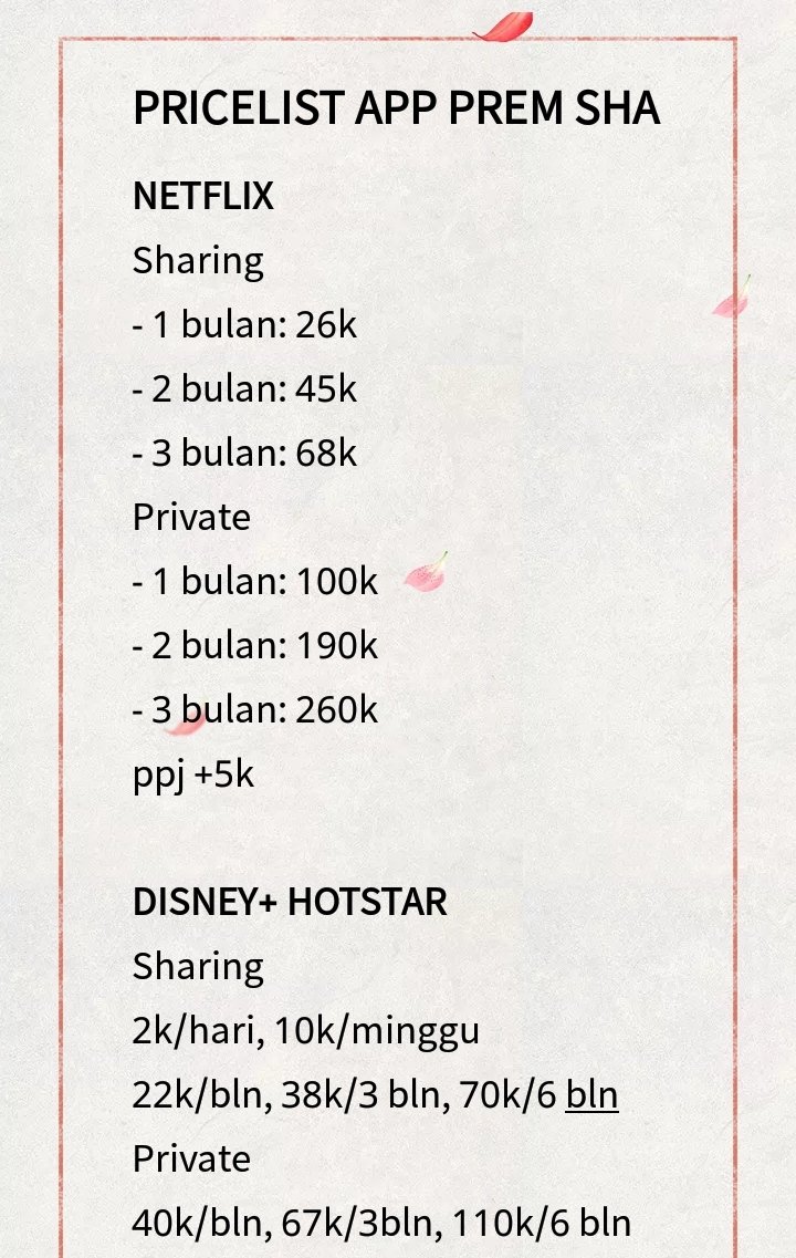fashzion's tweet photo. PRICELIST APP PREM

✨ LEGAALL!
✨ semua apps bergaransi!
✨ sedia apps lain jugaa
✨ proses max 1x24 jam
✨ payment via dana, gopay, ovo, mandiri, spay, qris
✨ order via DM atau wa di bio
✨ testi: https://t.co/8T0xRJmOIo

p.s aku juga open sewa hotstar &amp; netflix 2k/hari! ❤️ https://t.co/pUVpodr1rZ