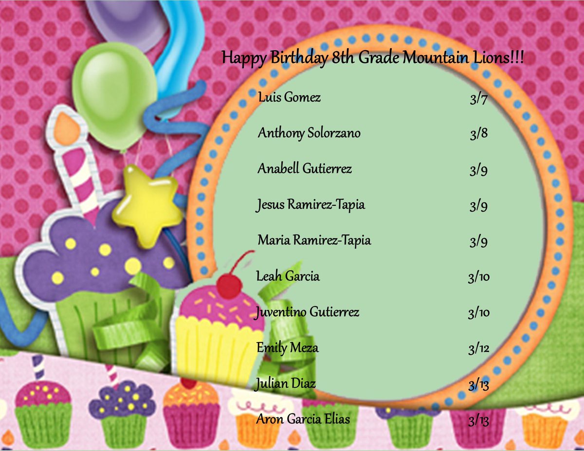 nqaqish1's tweet photo. Happiest birthday to our MLMS Mtn Lions for the week of 3/7-3/13 🥳🎊 We wish you all the best always 🎉🥳 @MiraLoma_Middle https://t.co/1BWnKgefCk