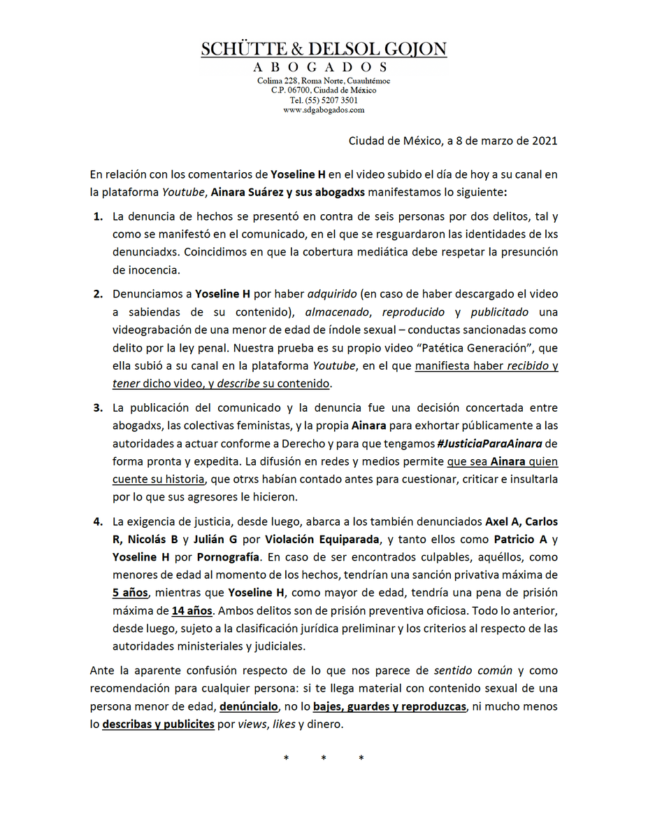 SchutteyDelsol's tweet photo. Ante las manifestaciones de Yoseline H en un nuevo video que publicó el día de hoy, Ainara y sus abogadxs compartimos el siguiente comunicado. 

#JusticiaParaAinara https://t.co/sNRT5hmBm1